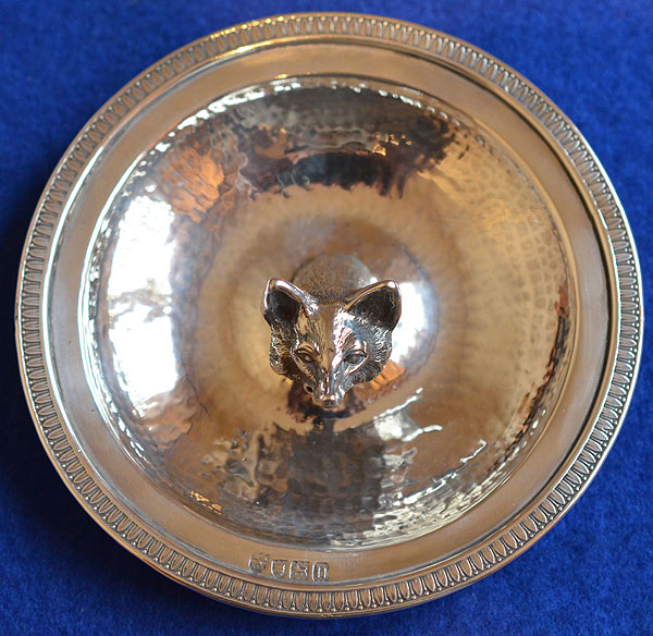 SILVER HALLMARKED DISH WITH FOX HEAD TO CENTER.