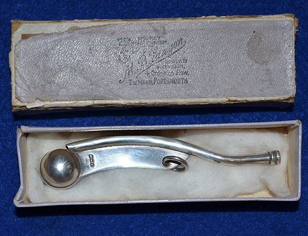 ROYAL NAVAL BOSUN WHISTLE WITH ORIGINAL ISSUE BOX.