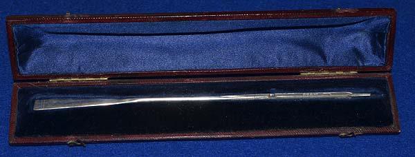 MINIATURE VICTORIAN NOVELTY SILVER BOATING OAR IN PRESENTATION CASE.