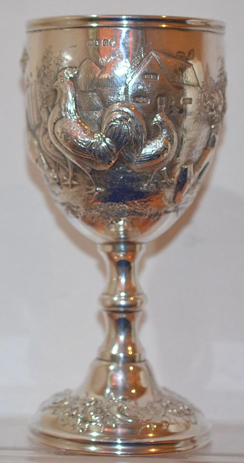 LARGE SILVER VICTORIAN GOBLET WITH BRITISH COUNTRY FARM DECORATION.