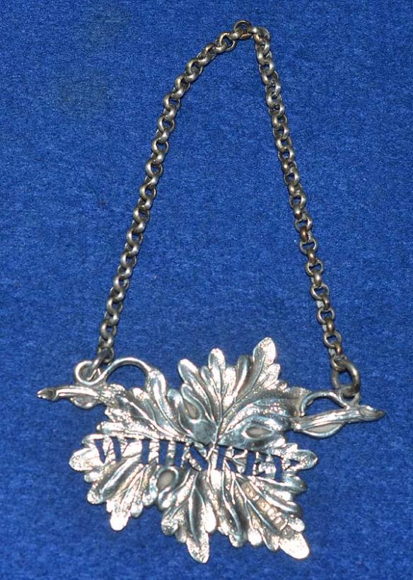 VICTORIAN SILVER WHISKEY DECANTER LABEL.