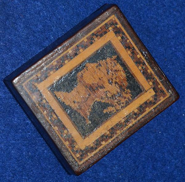 EARLY VICTORIAN TUNBRIDGE WARE STAMP BOX.