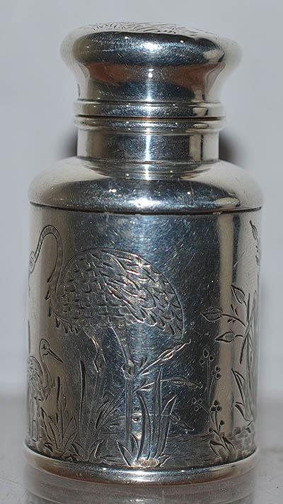 VICTORIAN SILVER PERFUME BOTTLE DECORATED WITH BIRDS.