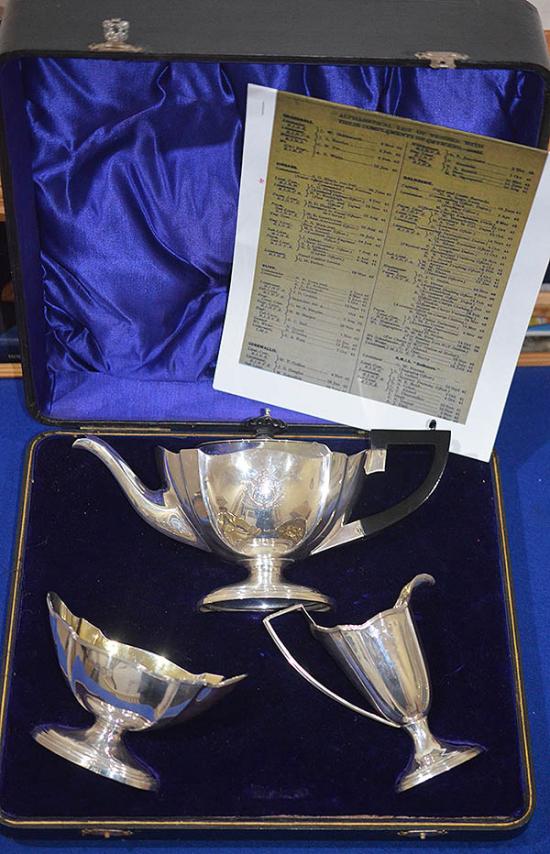 CASED ENGLISH TEA SET PRESENTED TO A NAVAL OFFICER.