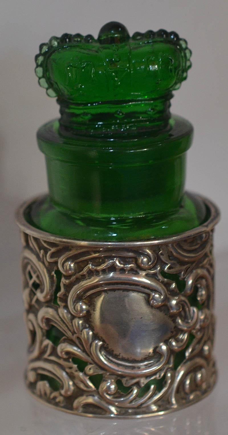 CROWN PERFUMERY POT AND SILVER HOLDER.