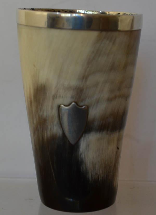 SILVER MOUNTED GEORGIAN HORN BEAKER.