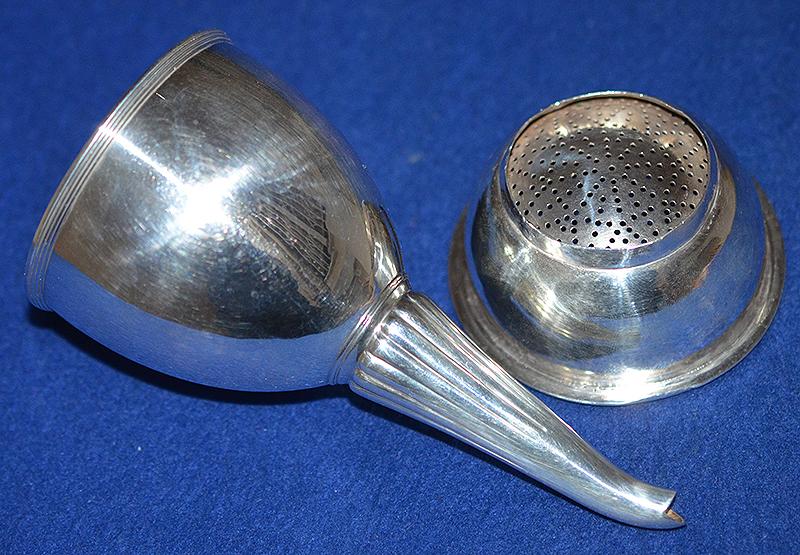 SILVER GEORGIAN WINE FUNNEL AND MATCHING STRAINER.