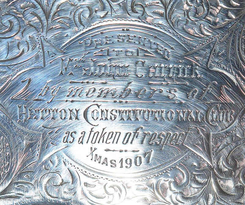 SILVER SNUFF BOX WITH PESENTATION INSRIPTION.